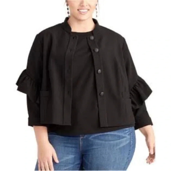 Rachel Roy Black Ruffle Sleeve Boxy Goth Button Down Jacket - Picture 1 of 11